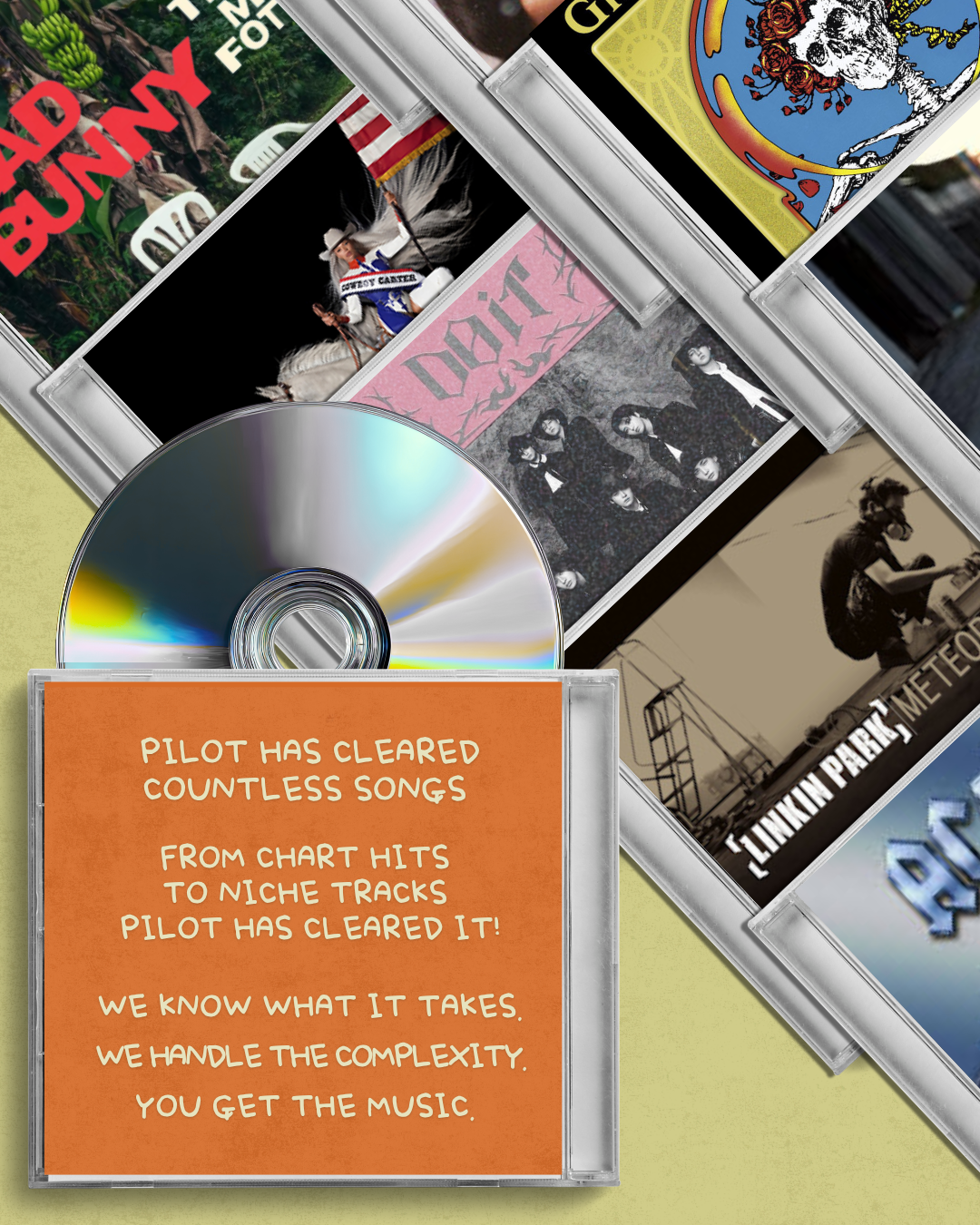 CDs and album covers with orange note reading, “Pilot has cleared countess songs…”