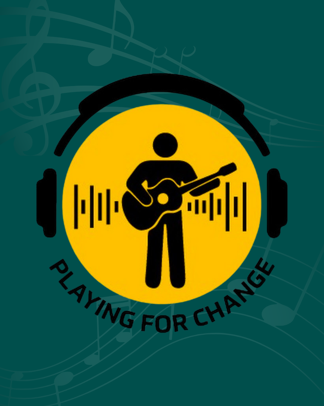 Logo of a guitarist in a yellow circle with headphones and text “Playing for Change”