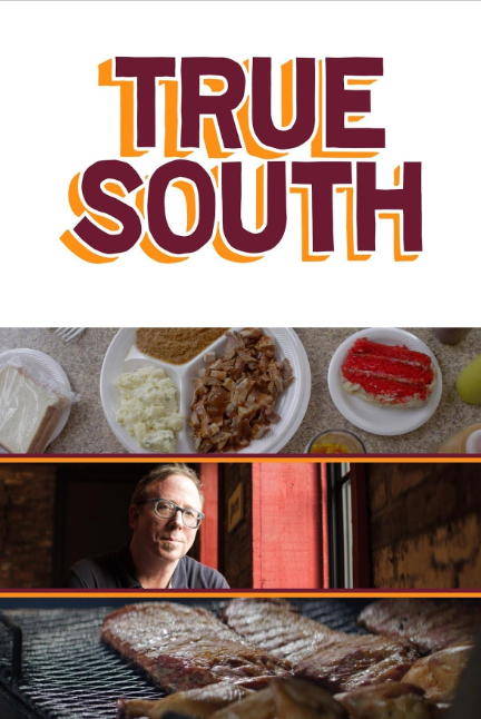 True South logo above a food montage with barbecue, a man in a restaurant, and grilled meat on a smoker