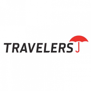 Travelers logo with black text and a red umbrella icon