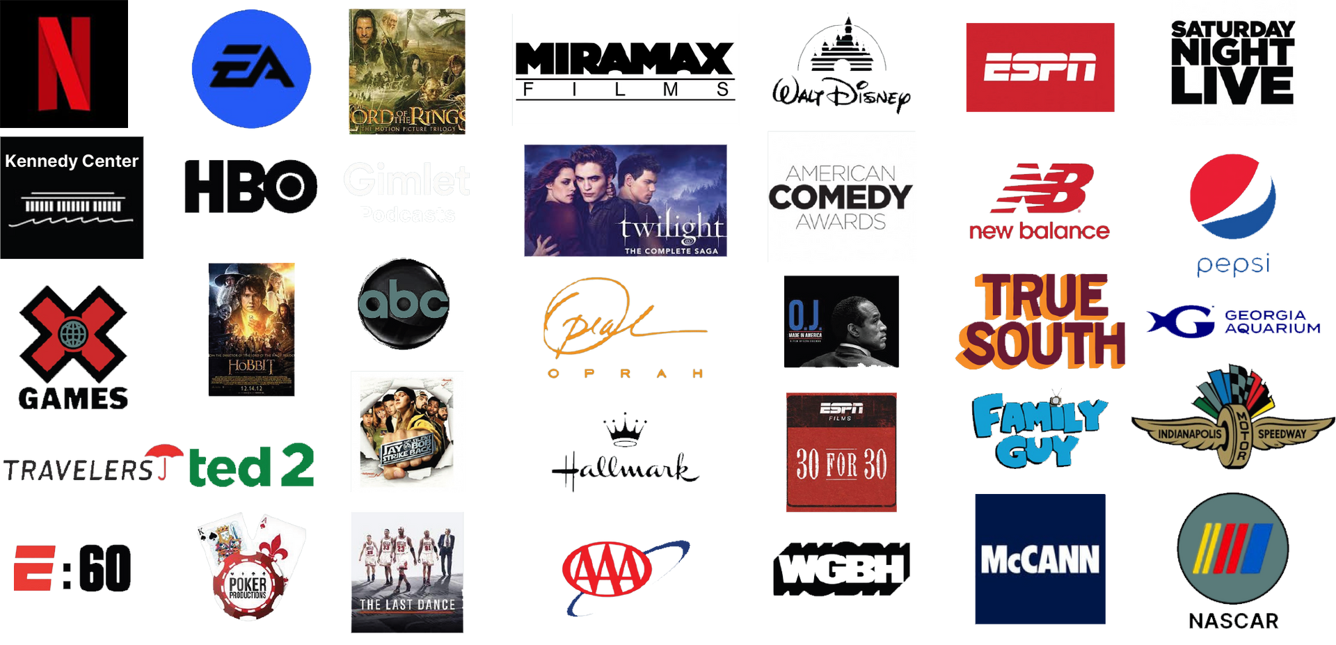 Collage of entertainment, sports, and media company logos on a white background.