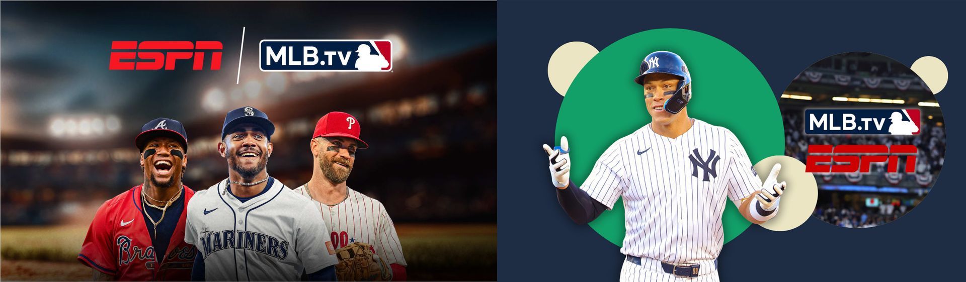 ESPN MLB.tv promo with two baseball players in uniforms on a red-and-blue split background