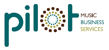 Pilot Music Business Services logo in teal and brown with dot-circle design in the word “pilot”