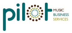 Pilot Music Business Services logo in teal and brown with dot-circle design in the word “pilot”