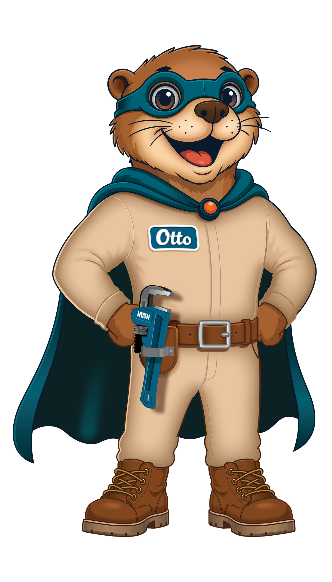 Cartoon handyman mole in blue cape, tan jumpsuit, goggles, and tool belt, holding a red tool.
