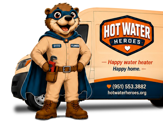 Cartoon service mascot in tan uniform beside van for Hot Water Heroes plumbing company.