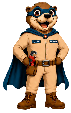 Cartoon raccoon in tan jumpsuit and blue cape, wearing goggles and holding a red tool in a belt holster.