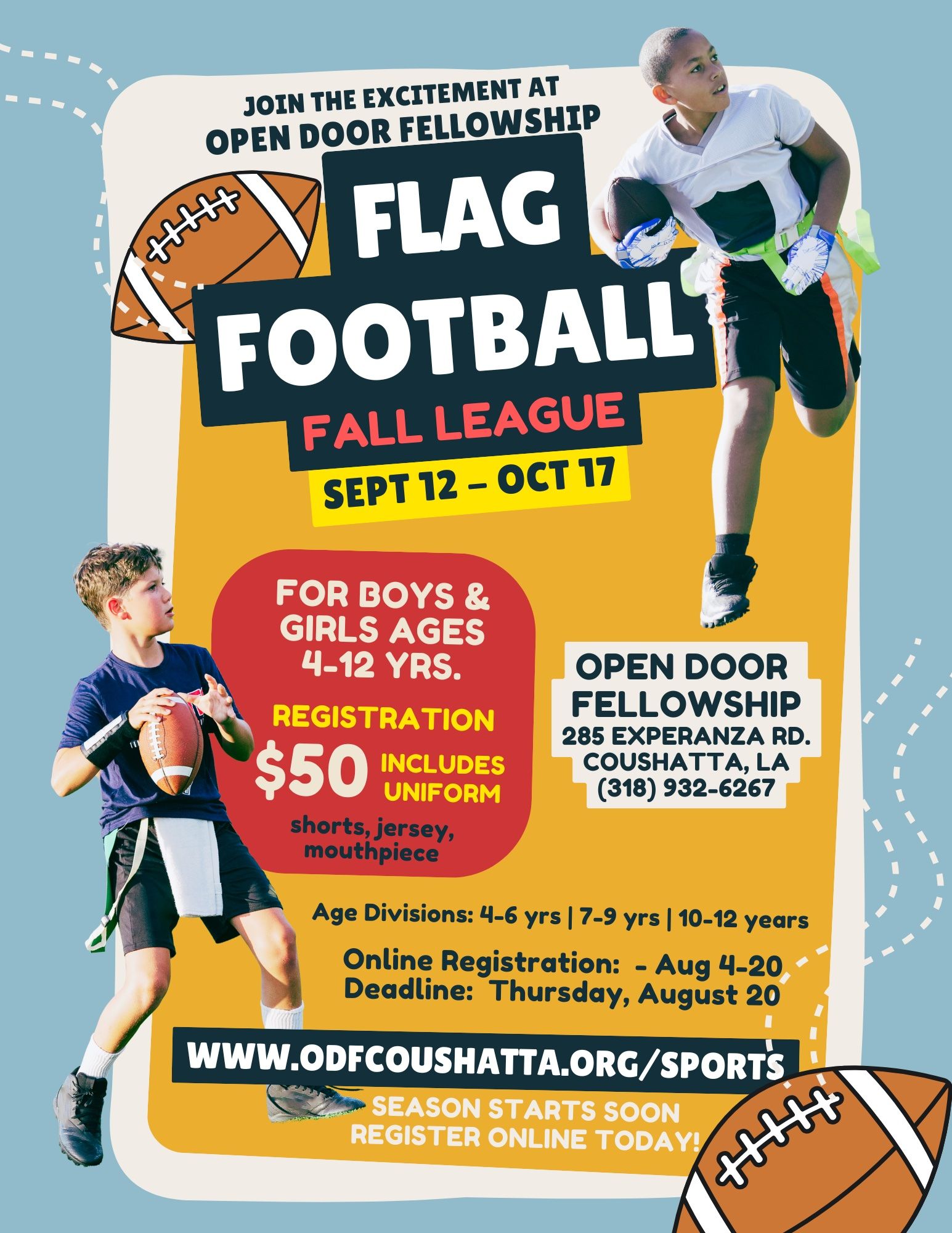 Open Door Fellowship flag football fall league poster with dates, ages, fees, and registration info