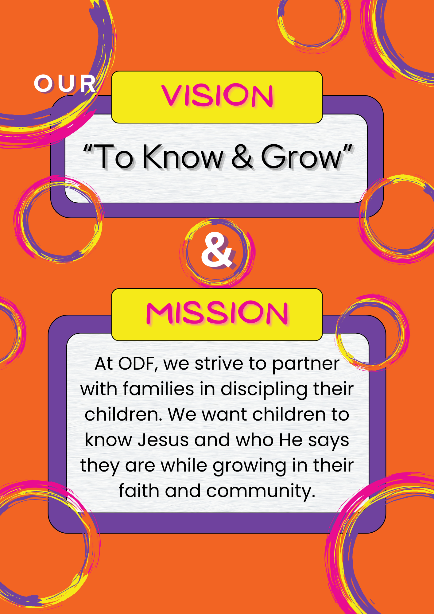 Orange poster with purple accents showing “Our Vision” and “Mission” text about children’s faith and growth.