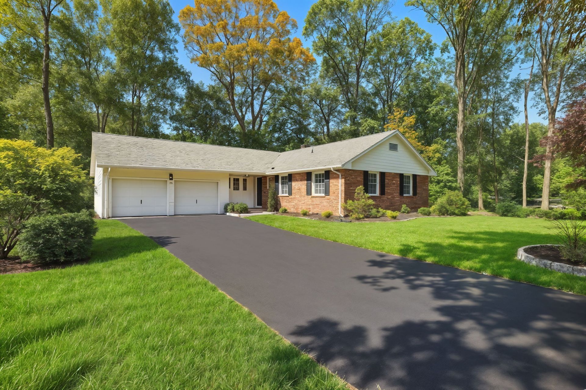 Single-story brick house with a two-car garage, dark driveway, and green lawn surrounded by trees