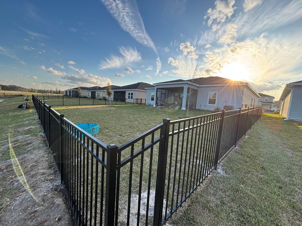 Black metal fence around a grassy yard with houses at sunset.