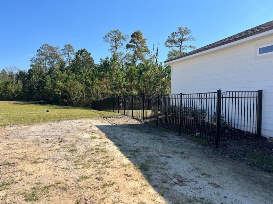 Backyard beside a white house with black fence, grass, and trees in bright sunlight