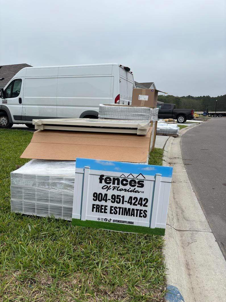 Stacks of fencing materials on a grassy roadside beside a white van and a curb, with a 
