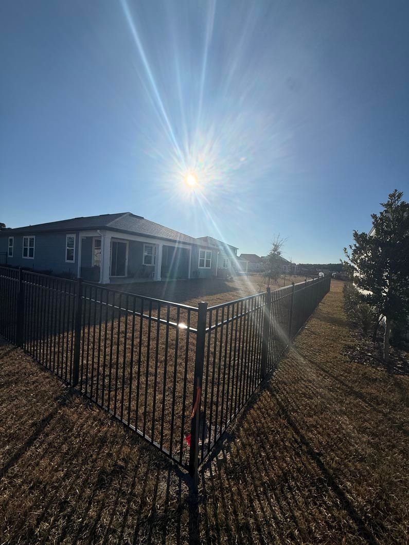 Sunny yard beside a house, with a black metal fence casting long shadows.