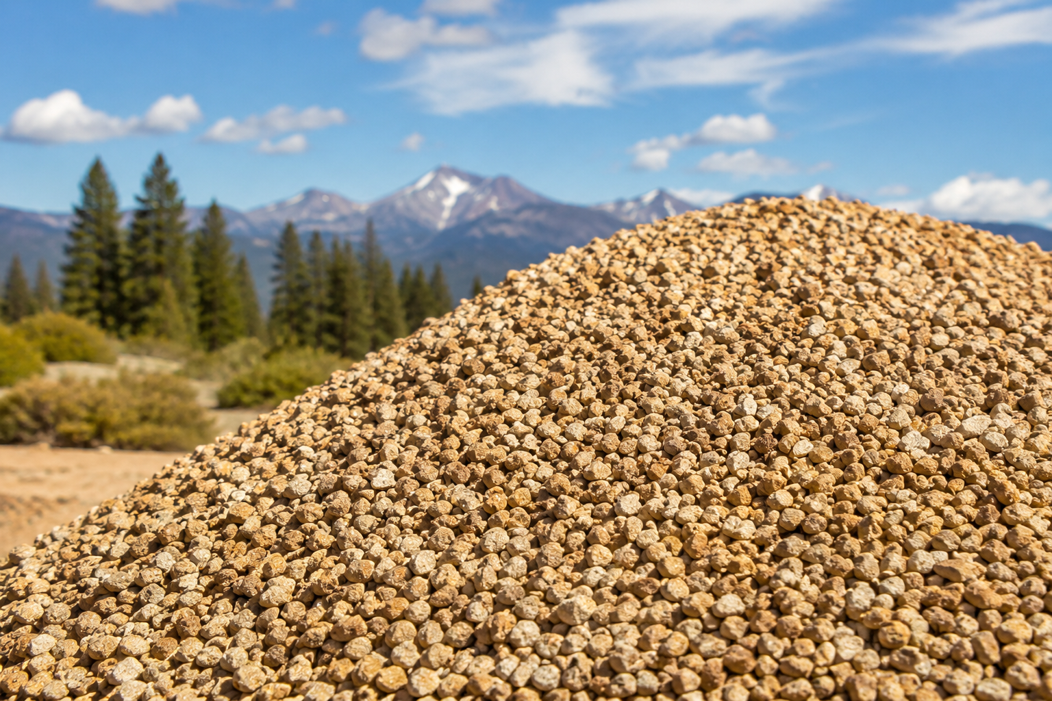 Large pile of small tan nuts in a mountain valley with pine trees and snowy peaks in the background
