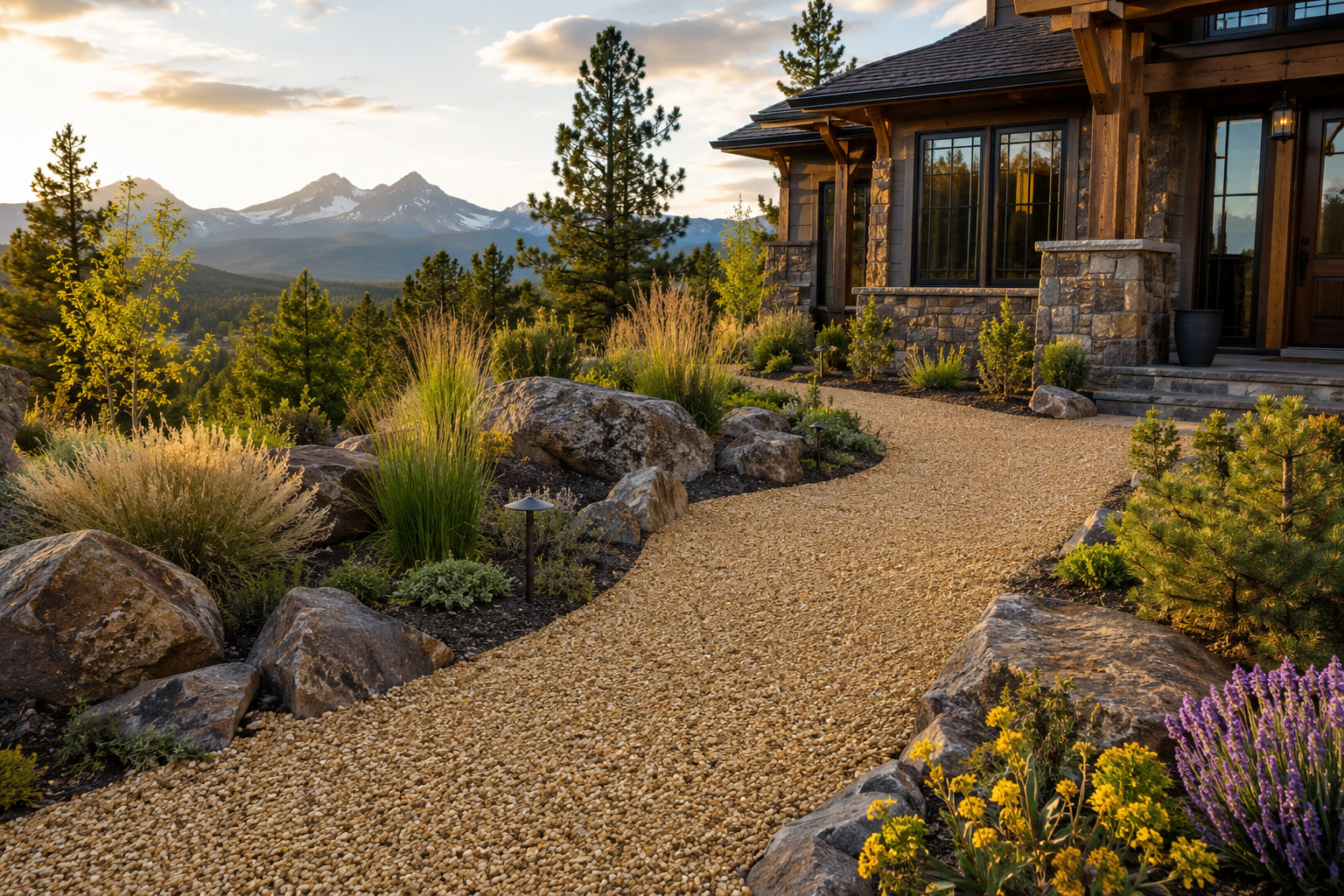 Large pile of small tan nuts in a mountain valley with pine trees and snowy peaks in the background