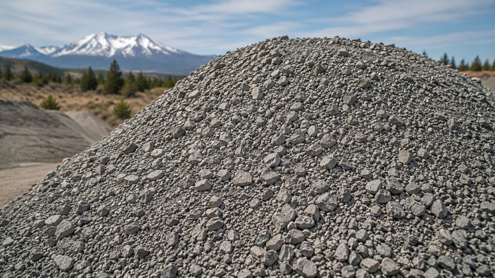 Large gray gravel pile in a rocky landscape with snow-capped mountains in the background