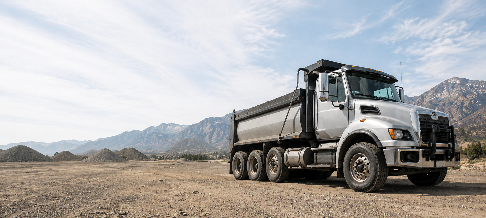 White dump truck hauling gravel on a dirt road with mountains in the background