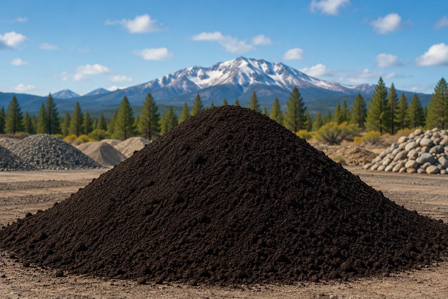 A mound of dark brown soil or compost on a grassy background.