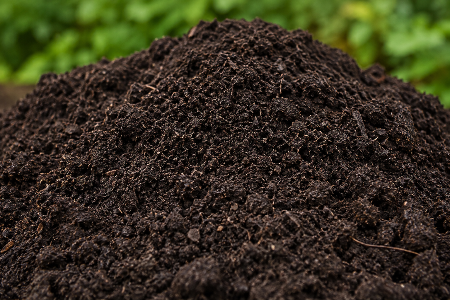 A mound of dark brown soil or compost on a grassy background.