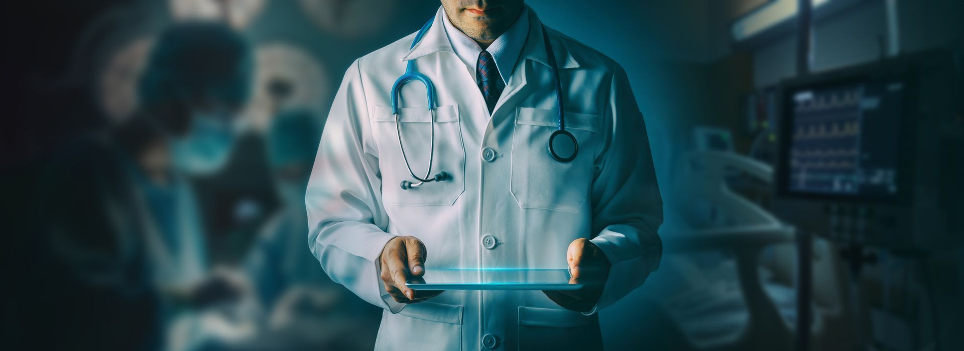 Doctor in white coat holding tablet, surrounded by operating room setting.