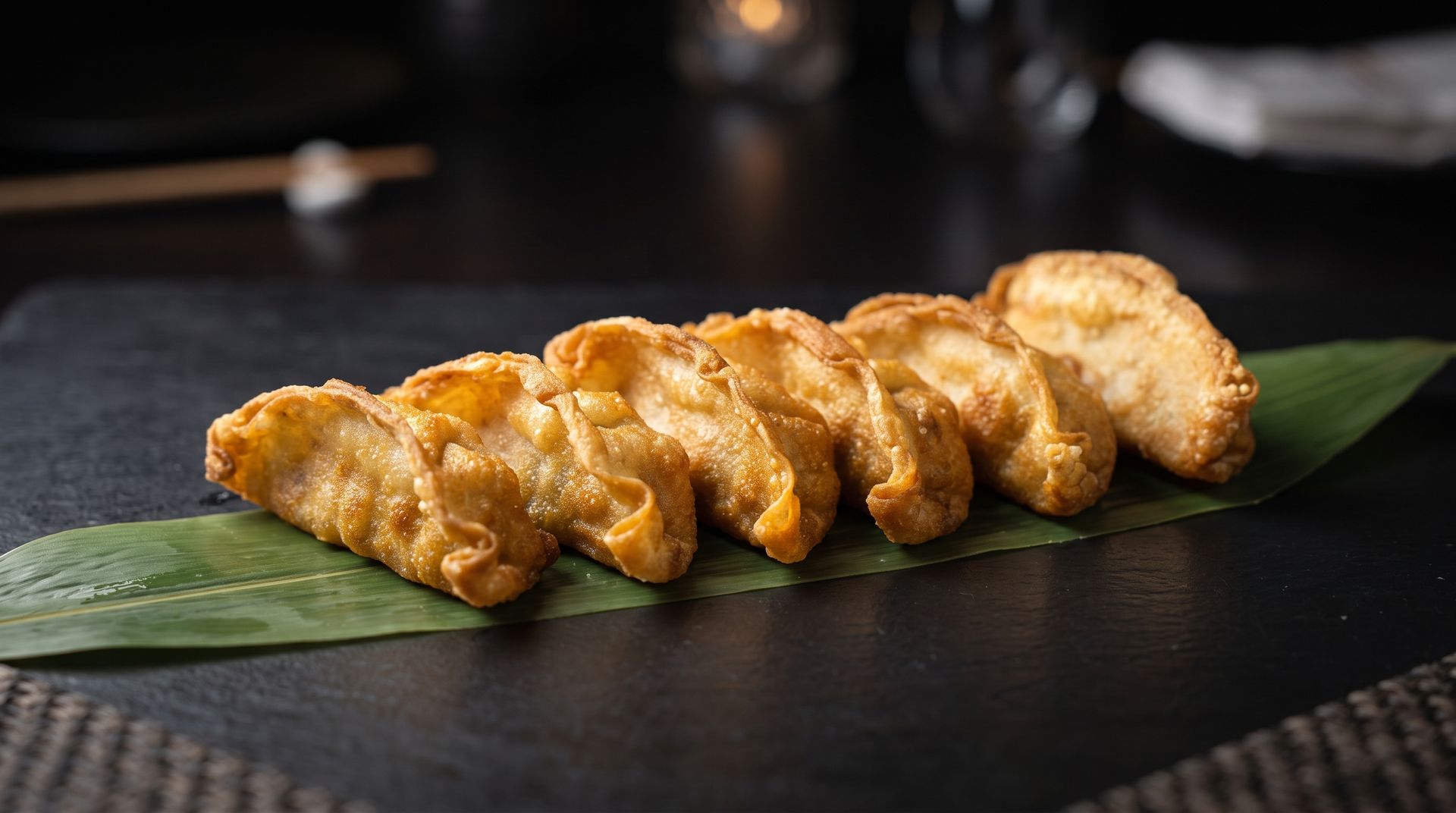 Golden fried dumplings on a green leaf plate, arranged on a dark tabletop.