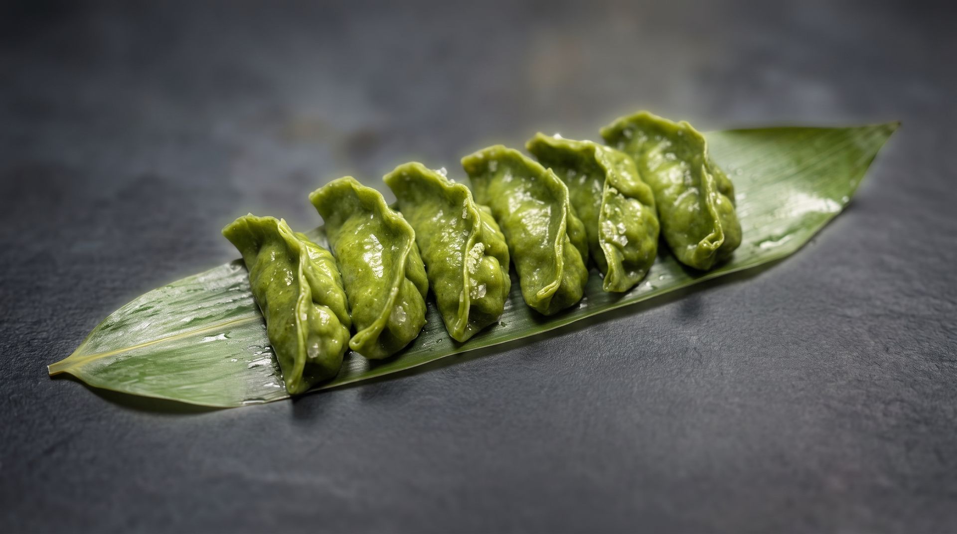 Green dumplings on a glossy leaf, arranged diagonally on a dark surface.