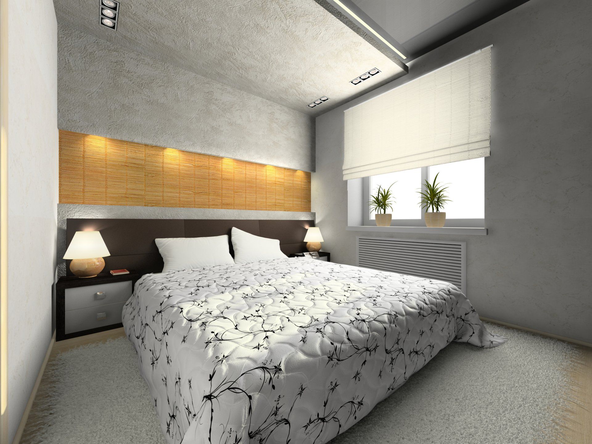 Grey toned bedroom with quilted bed and timber headboard. Half open roman blind with 2 plants on window sill.