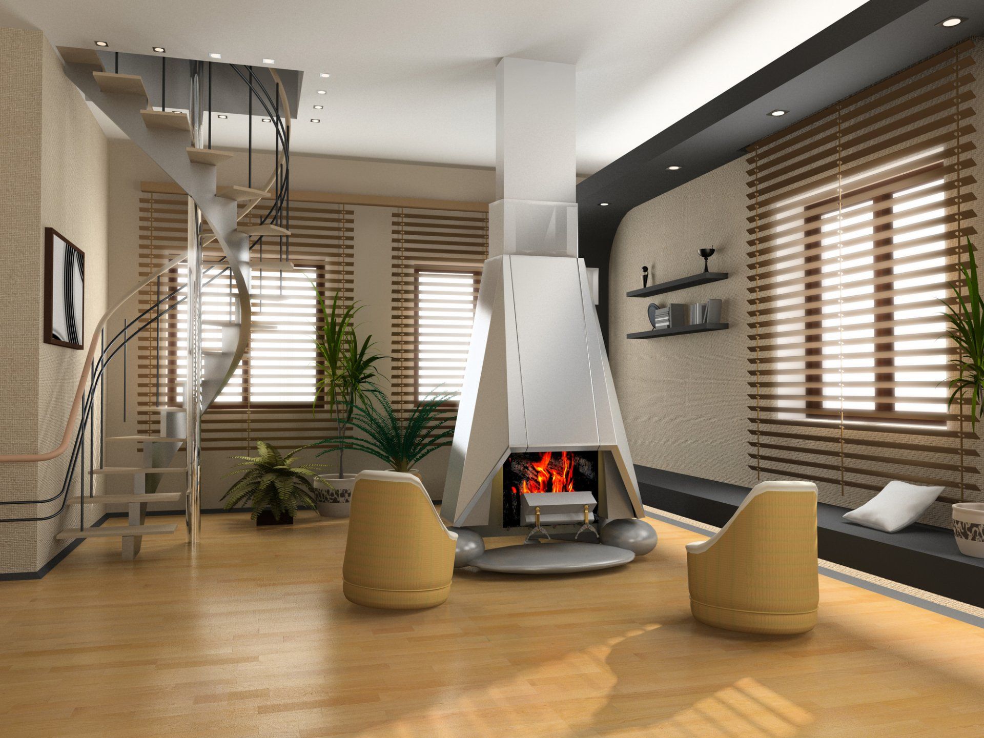 Modern lounge with 2 chairs facing industrial fireplace. Timber venetians open on all windows, spiral staircase leading up to ceiling opening.