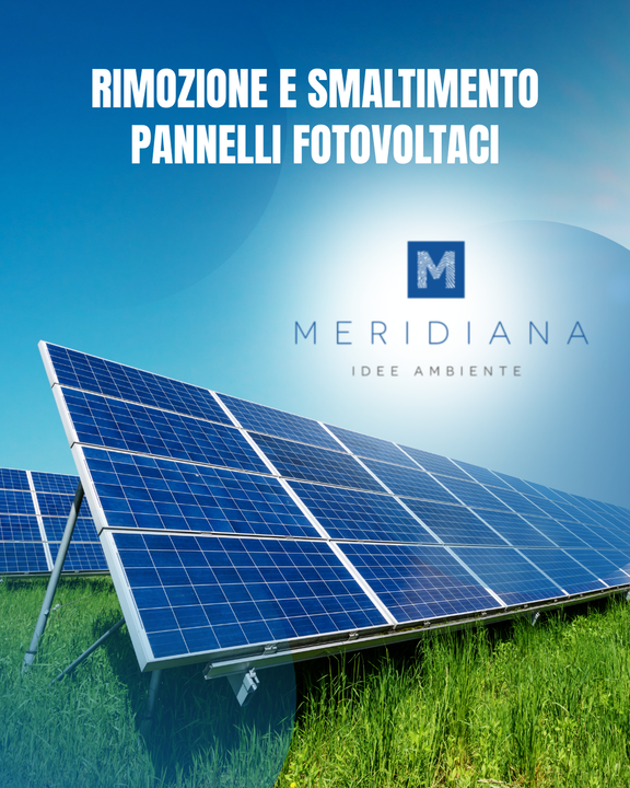 Poster with solar panels in a green field and the text “Rimozione e smaltimento pannelli fotovoltaici”