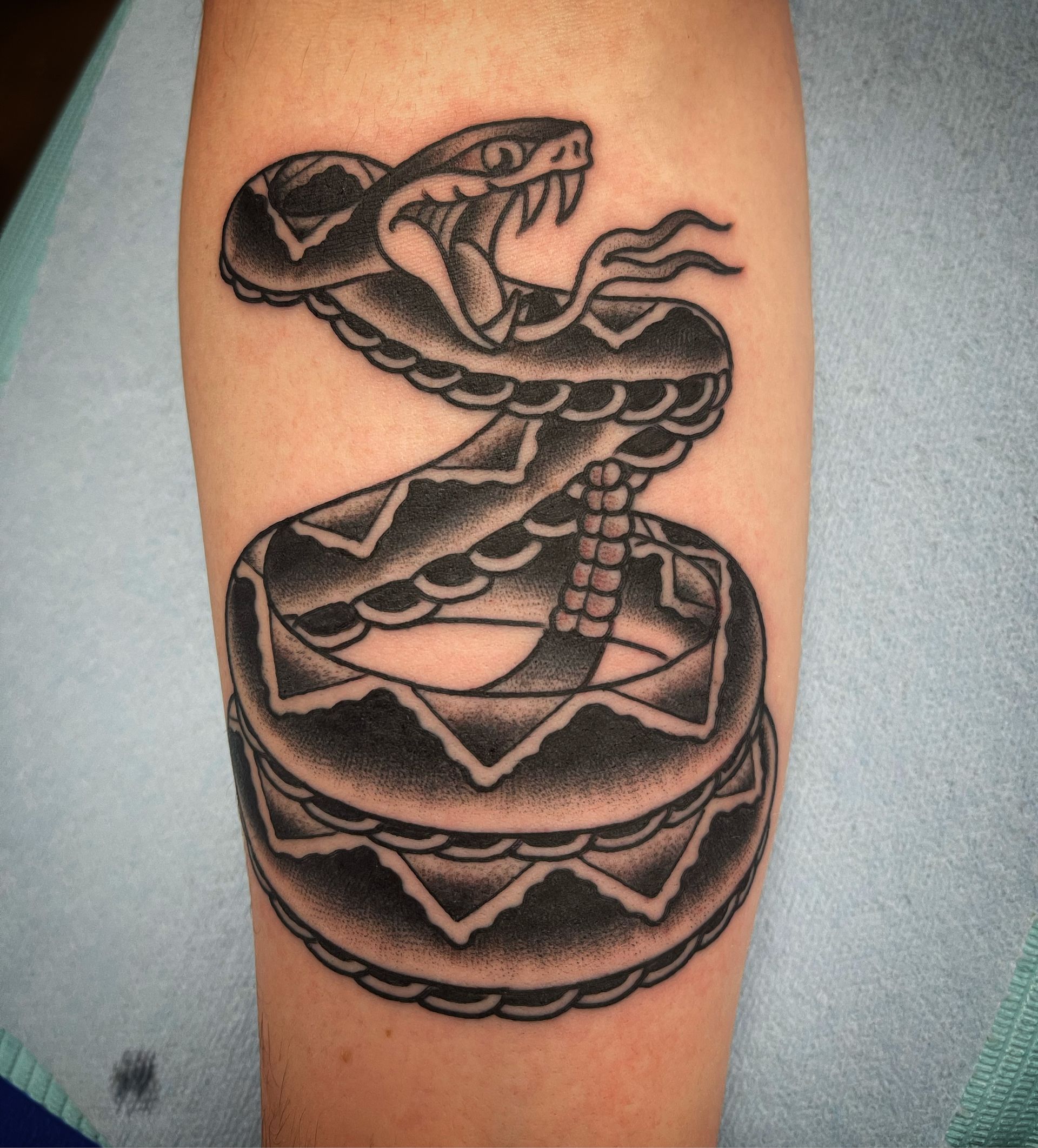 Black and gray rattlesnake tattoo coiled on a forearm, with open mouth and fangs bared.