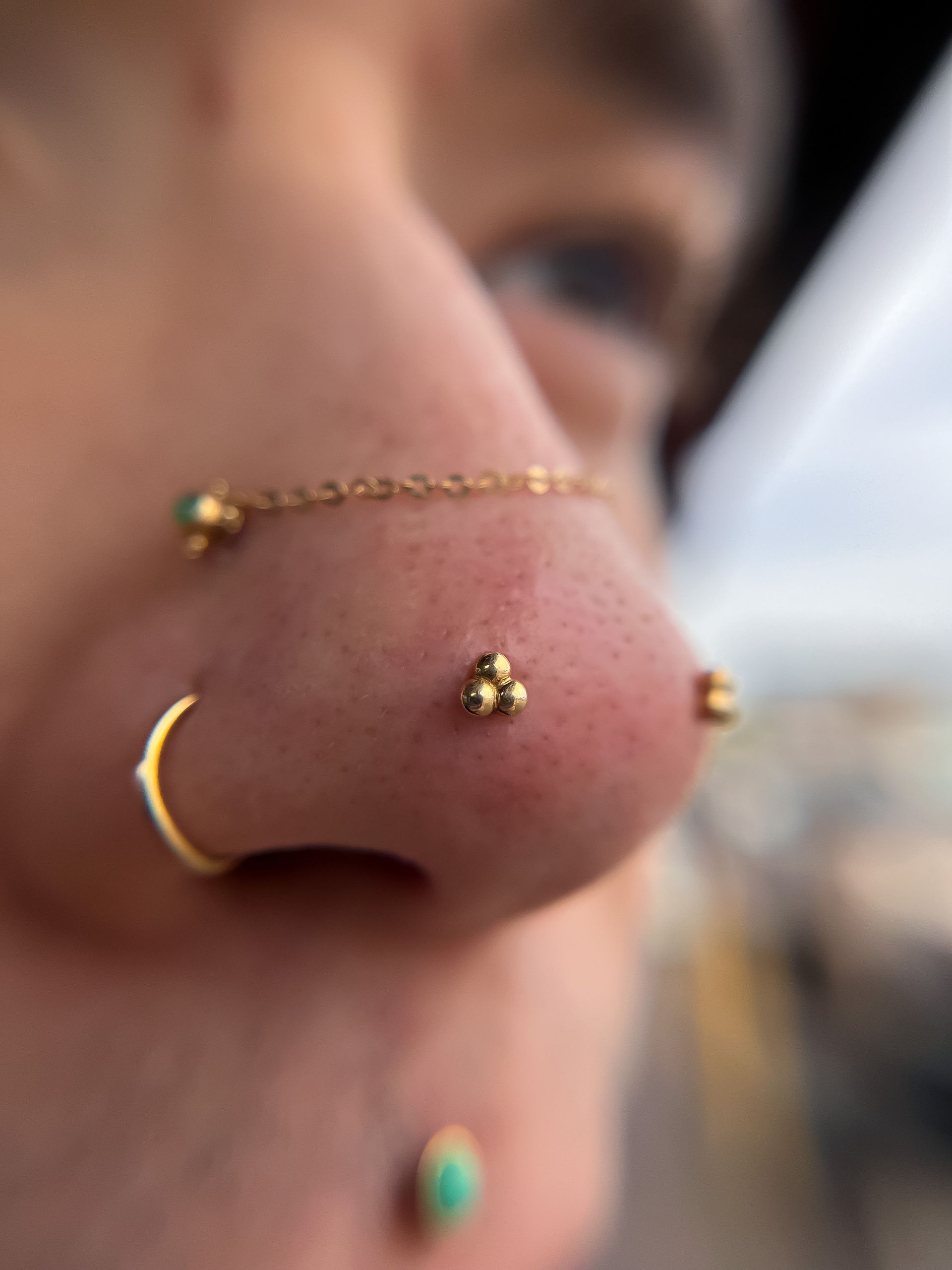 Close-up of a face with gold and turquoise nose piercings and a nose chain.