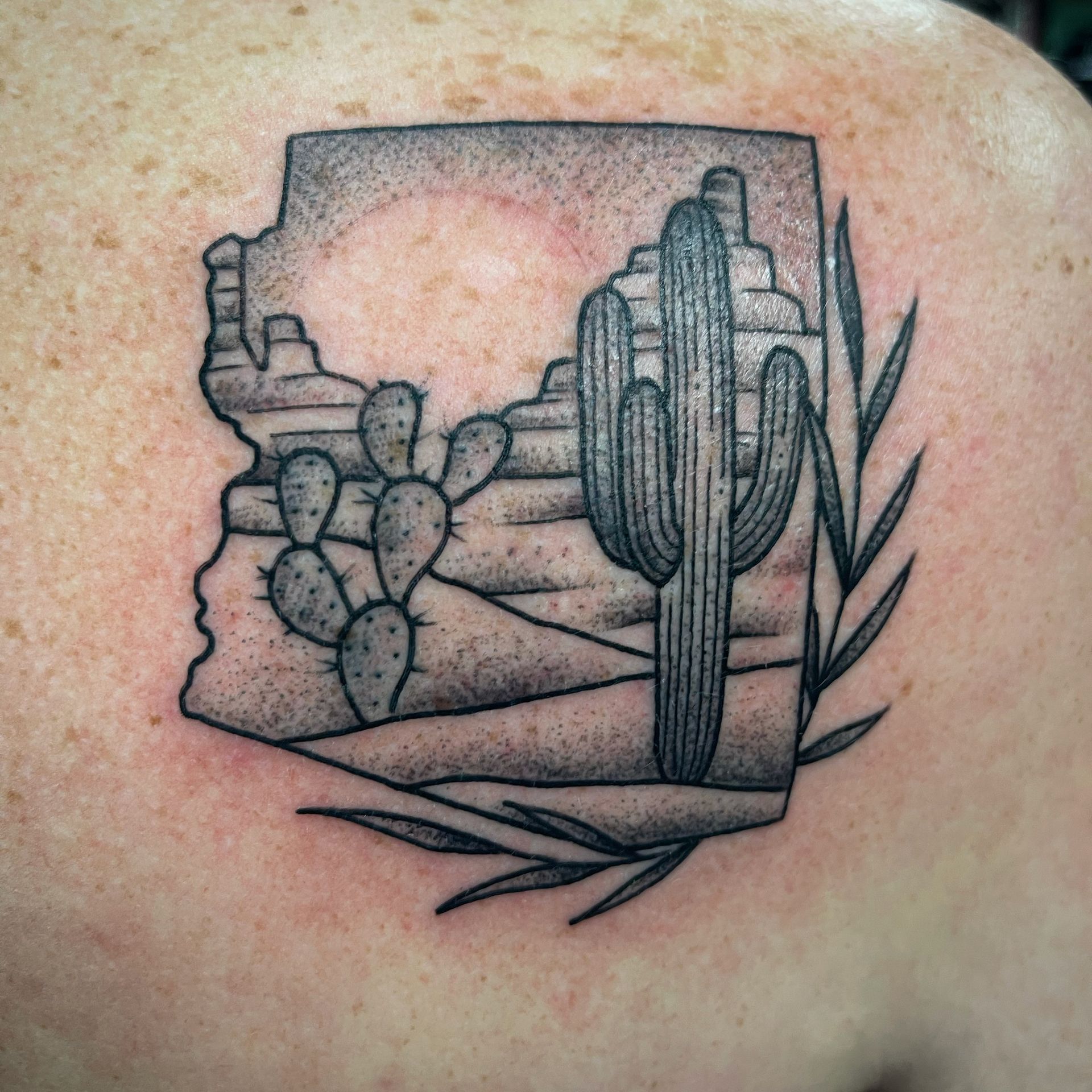 Tattoo of Arizona outline with desert landscape and cacti.