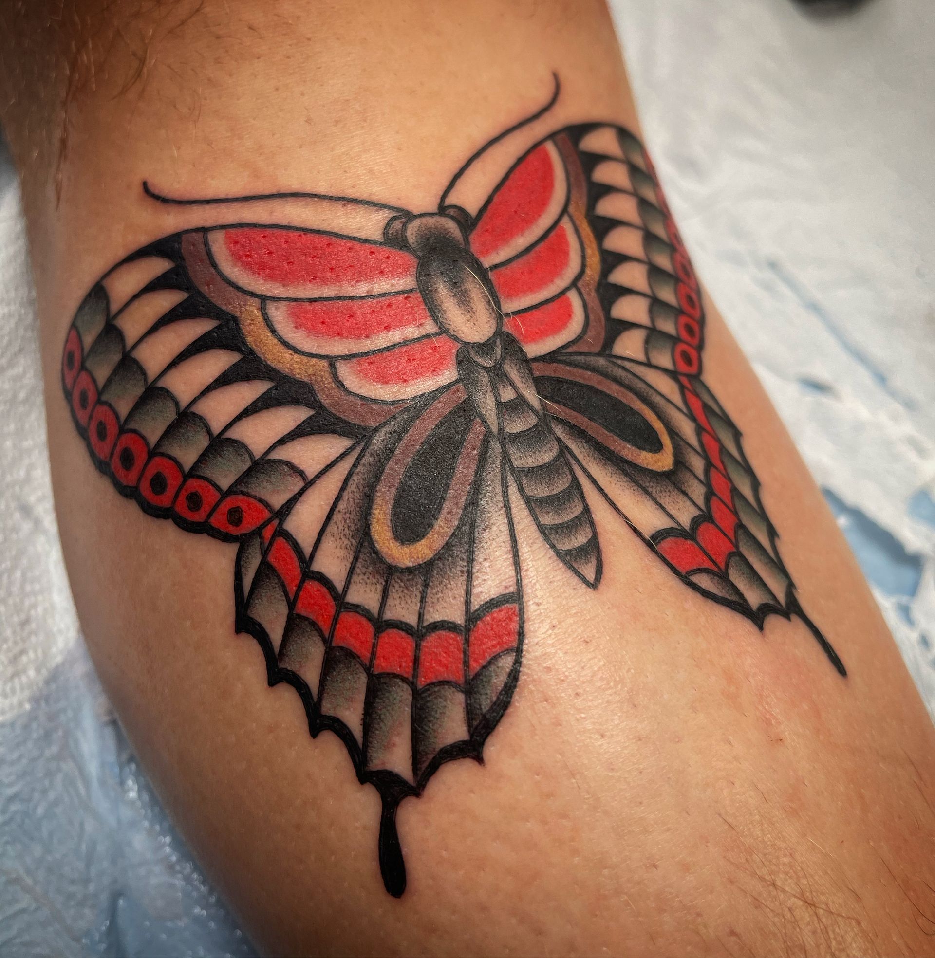 Traditional butterfly tattoo on an arm, with red, black, and white colors.