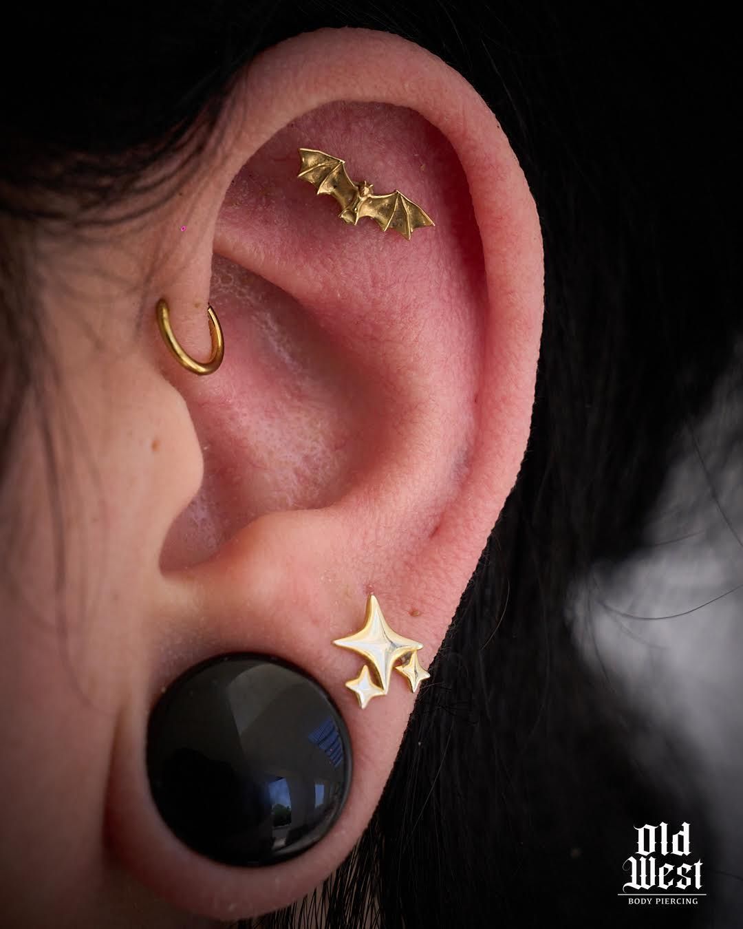 Ear with multiple gold piercings: helix, two star studs, and a black ear gauge.