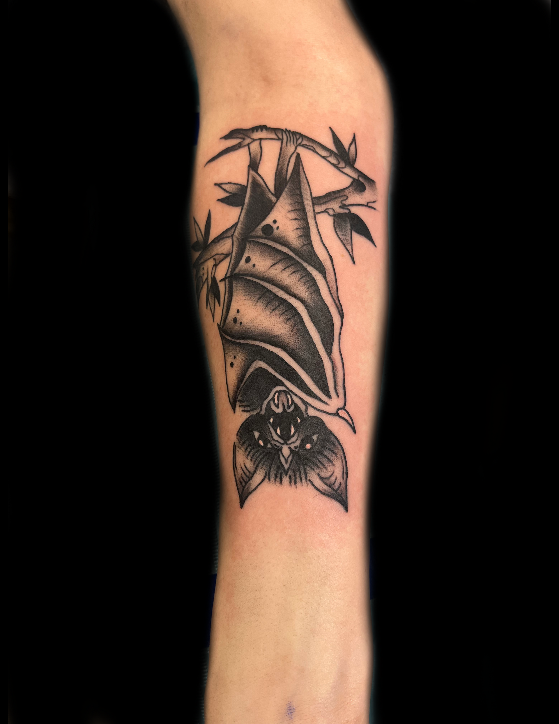 Black and white bat tattoo hanging upside down from a branch on a person's arm.