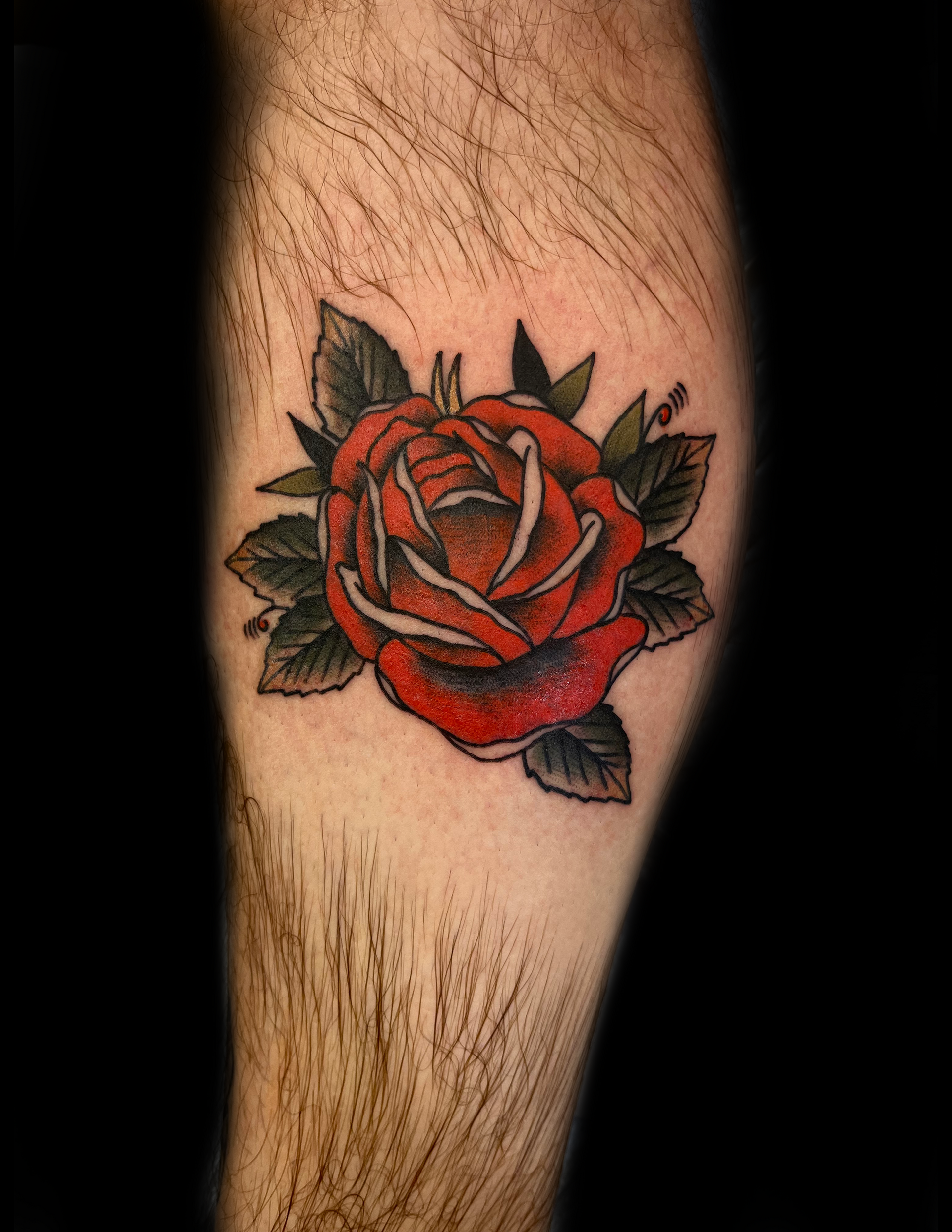 Red rose tattoo on a hairy arm, surrounded by green leaves.