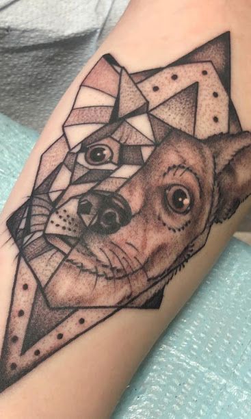 Tattoo of a dog's face with geometric shapes. Black and gray, on a light skin tone arm.
