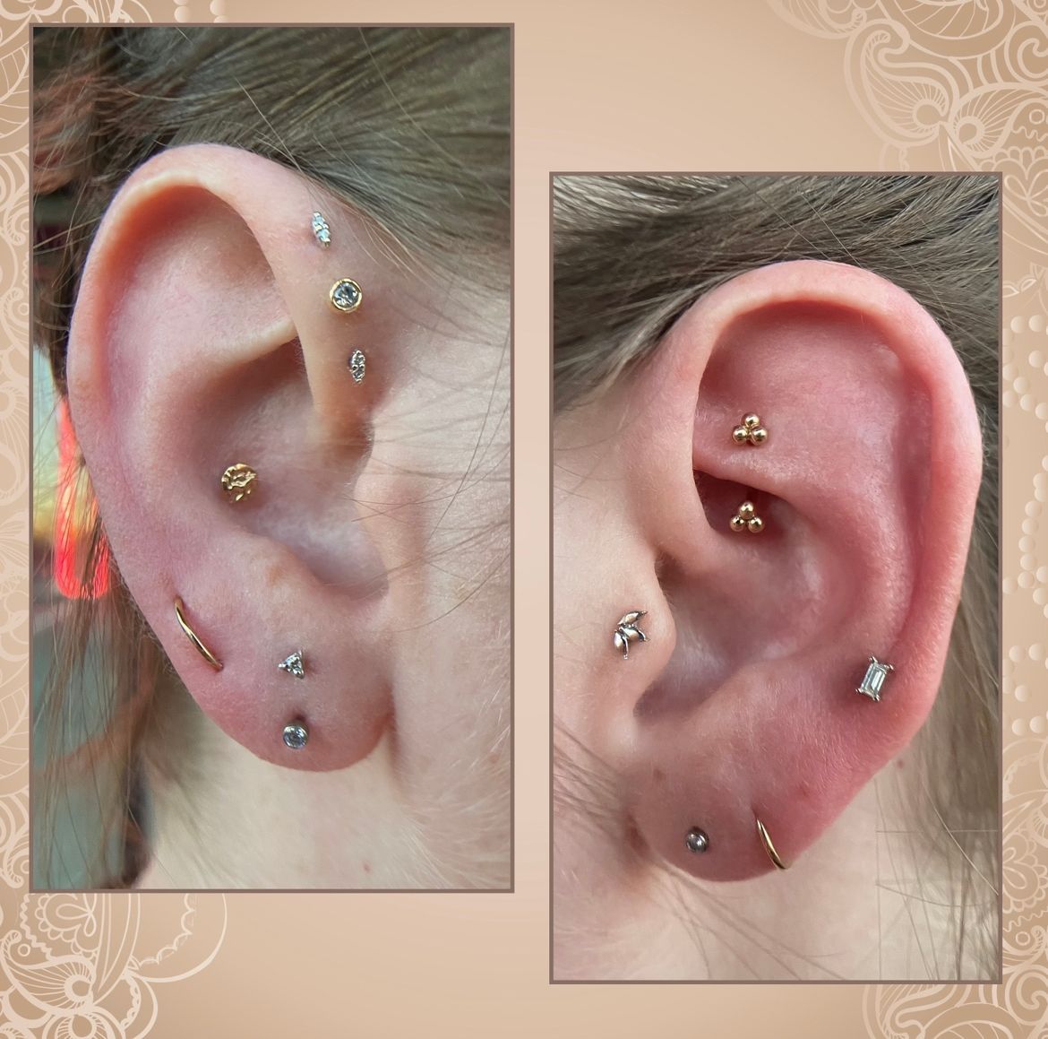Two close-up ears with multiple small stud piercings in silver and gold tones