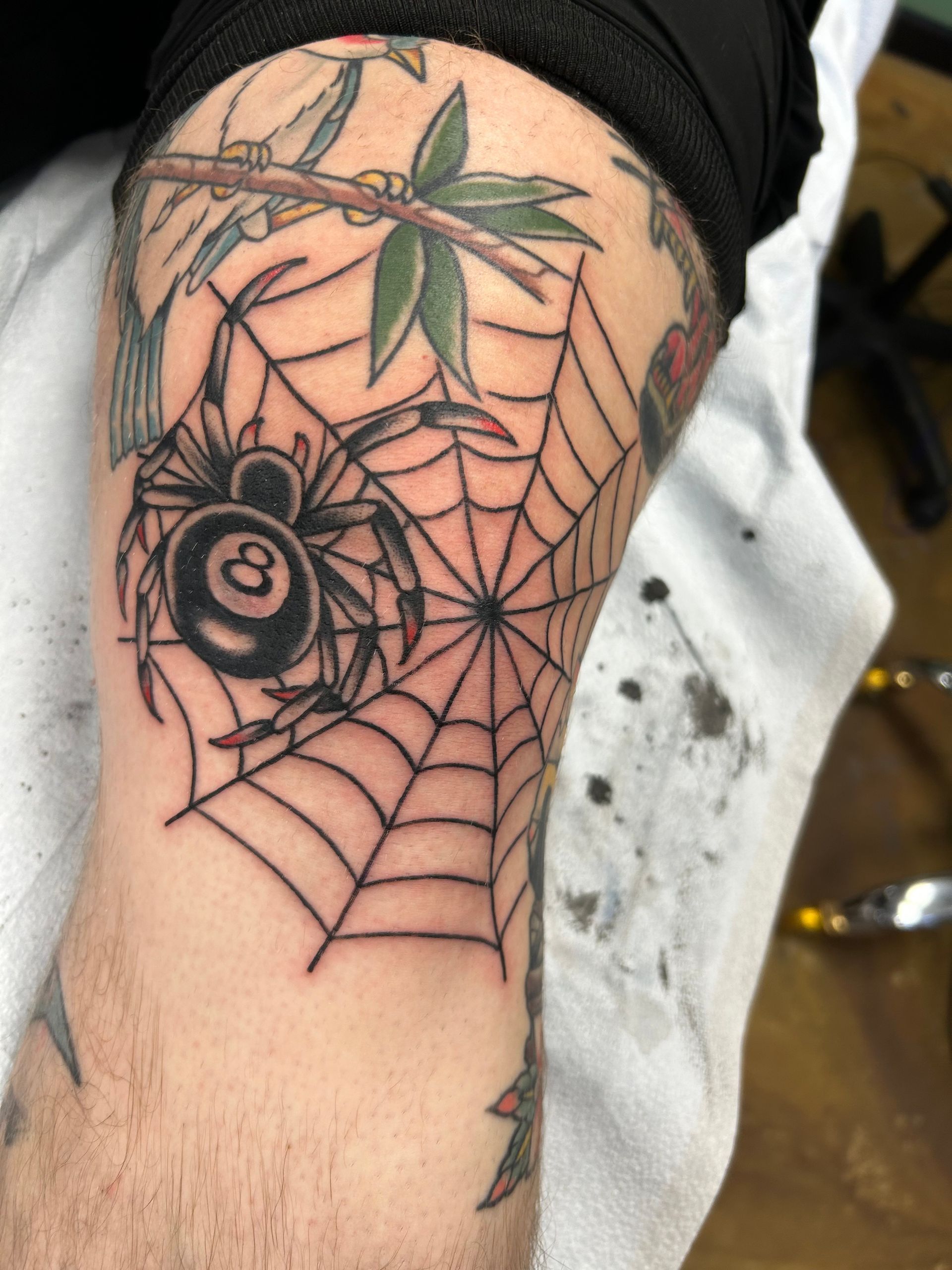 Tattoo on a leg: a spider with an 8-ball body on a web, with leaves and branches above.