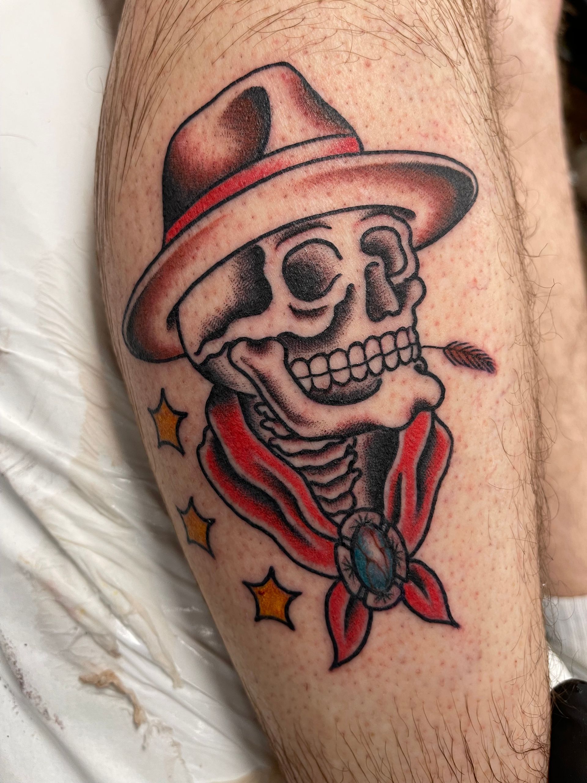 Skull tattoo wearing a fedora and bandana, with stars.