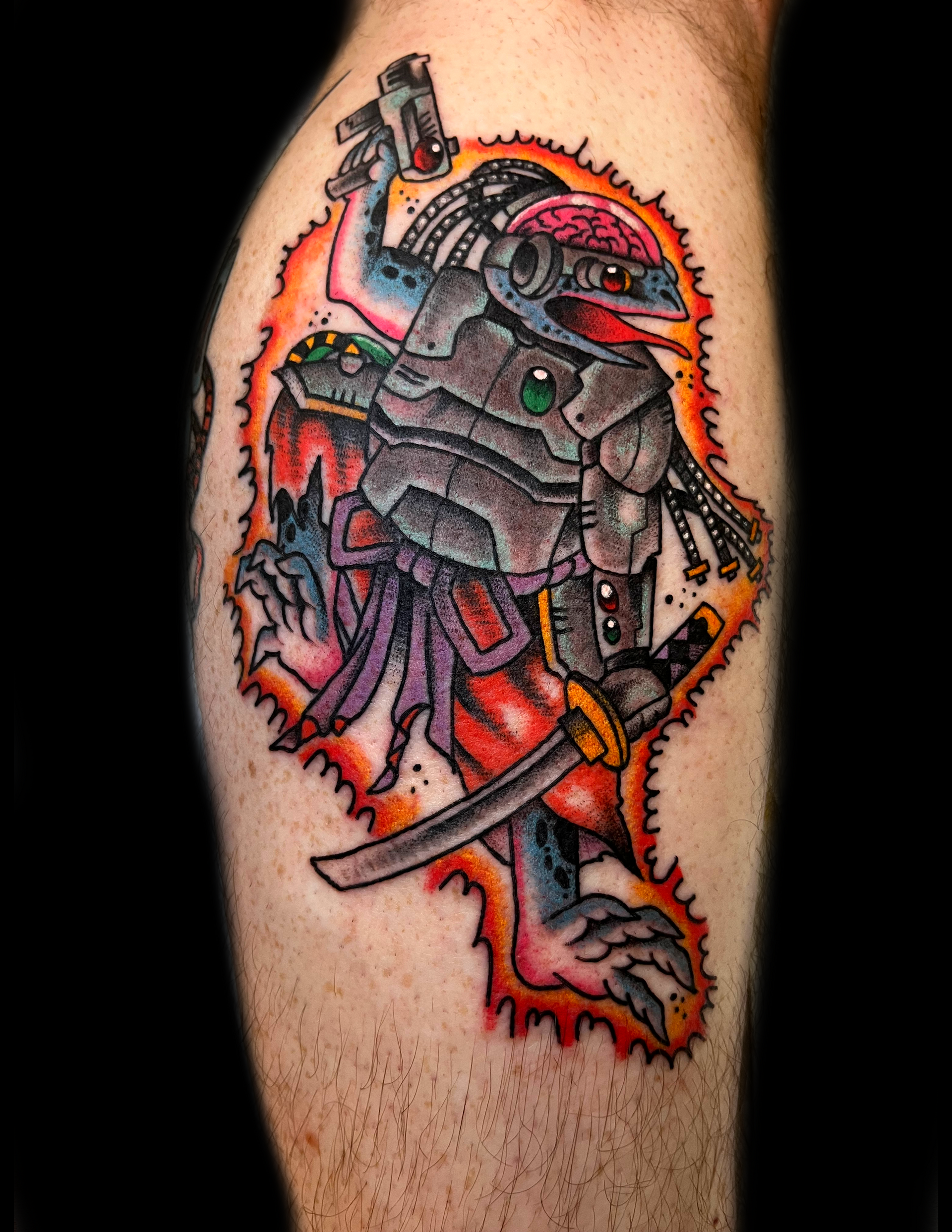 Tattoo of a cyborg lizard samurai with a sword, in gray armor and an orange fiery outline.