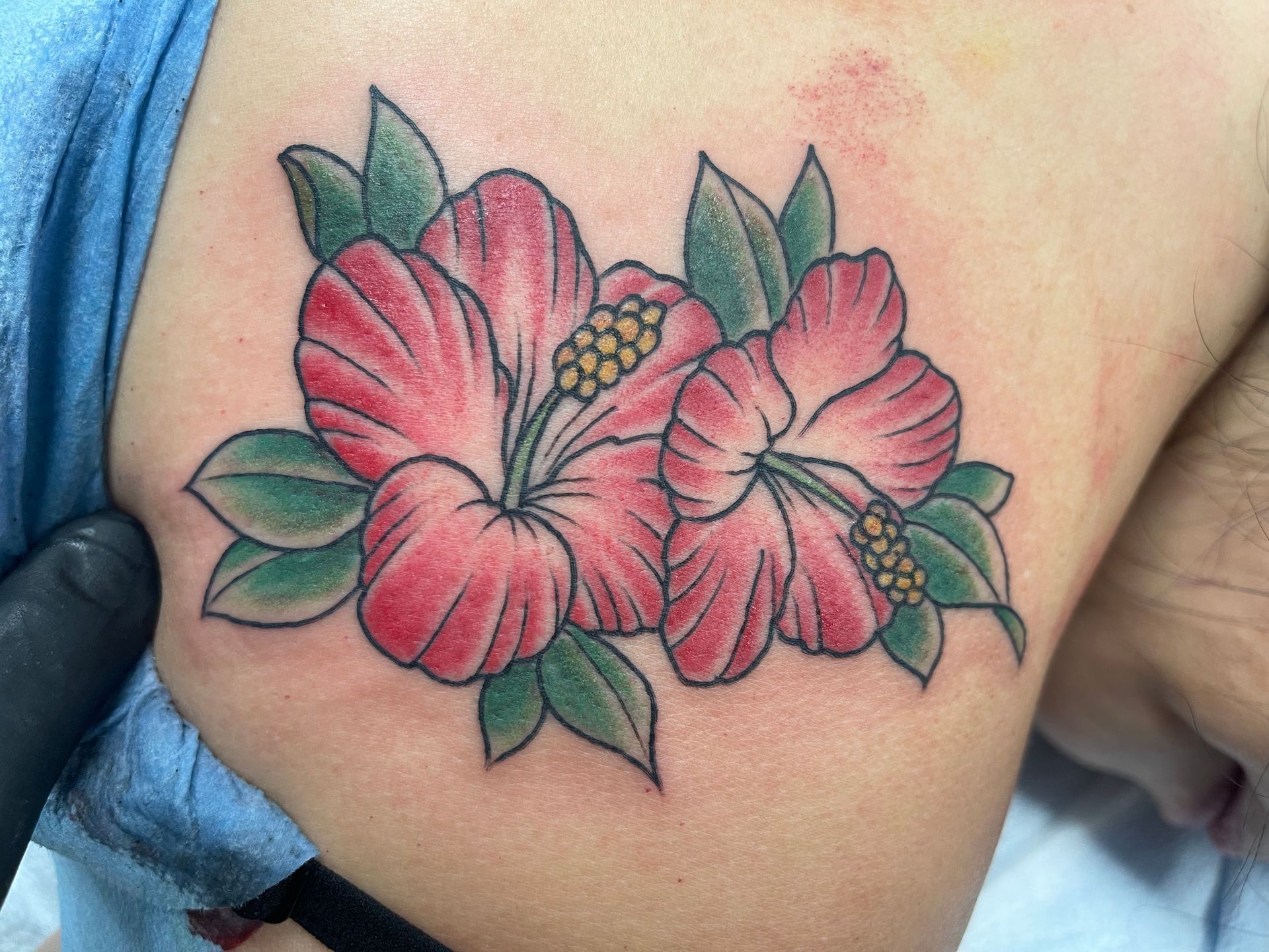 Hibiscus flower tattoo, red and pink petals with green leaves.