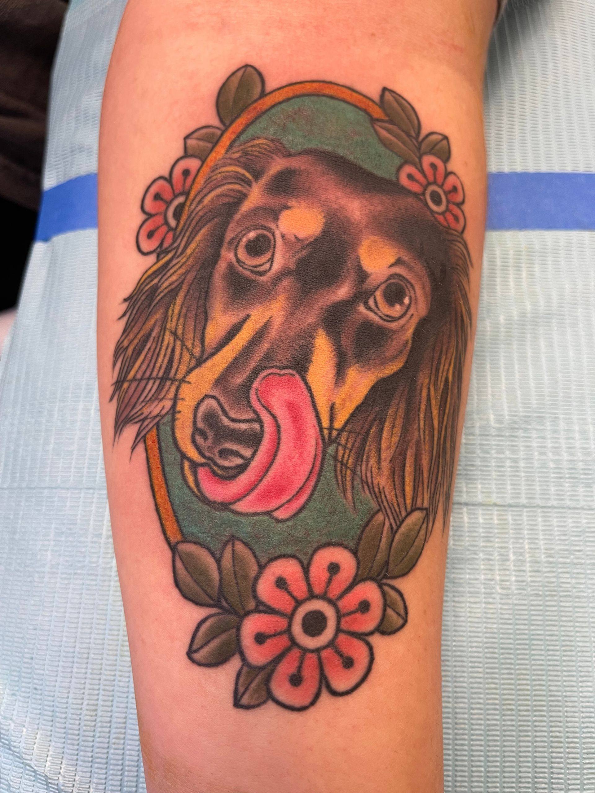 Tattoo of a dachshund licking its nose, framed with flowers and leaves on a green background.