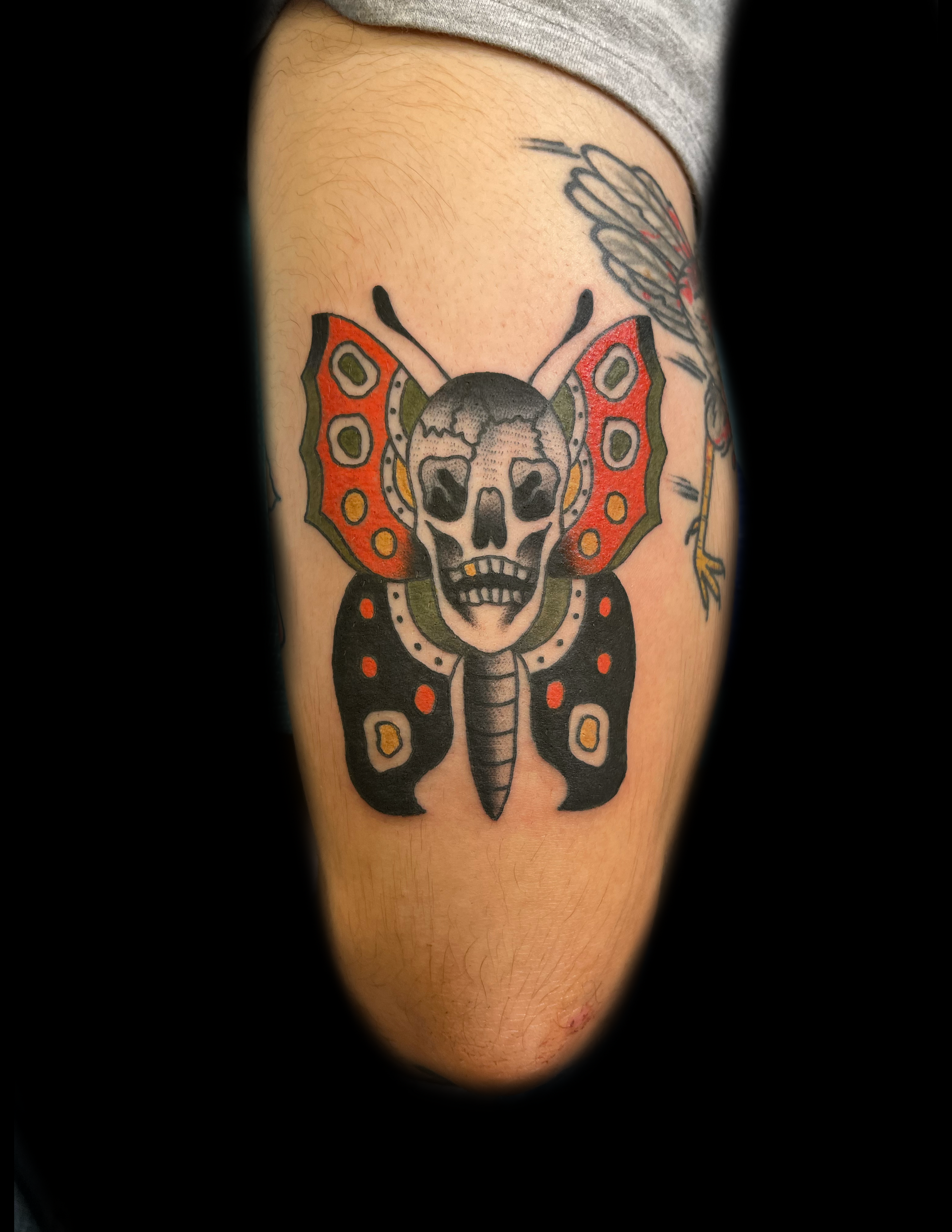 Tattoo of a skull butterfly on an arm. Black, red, and yellow colors.