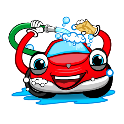 A cartoon car is washing itself with a hose