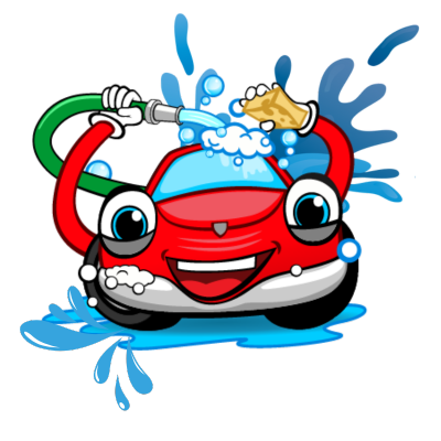 A cartoon car is being washed with a hose and sponge