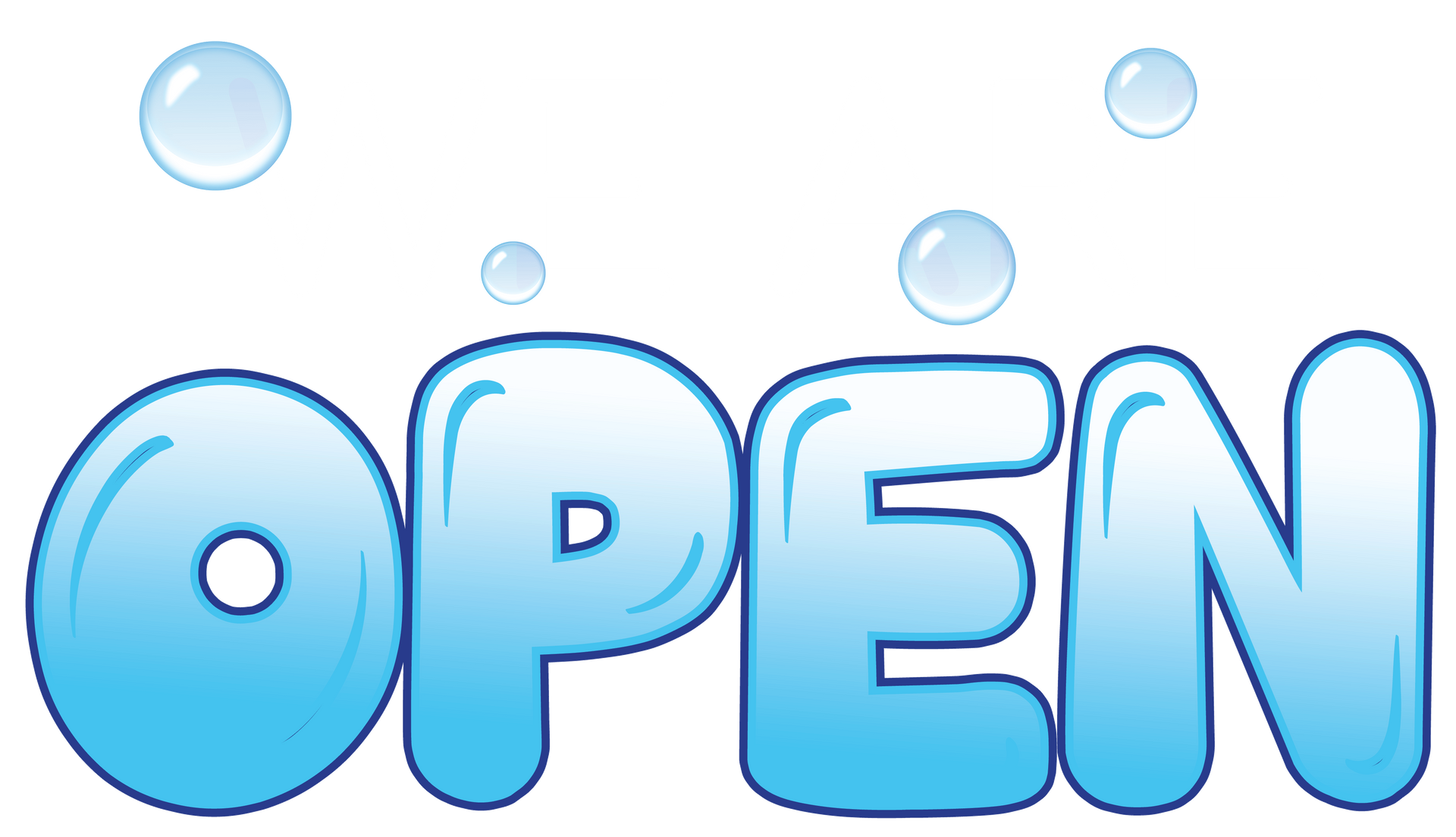 The word open is written in blue bubbles on a white background.