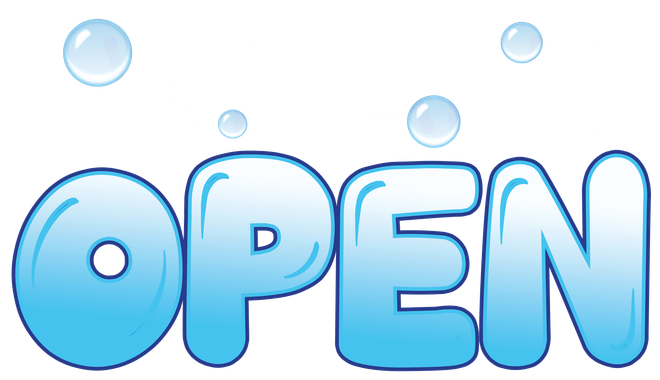 The word open is written in blue bubbles on a white background.
