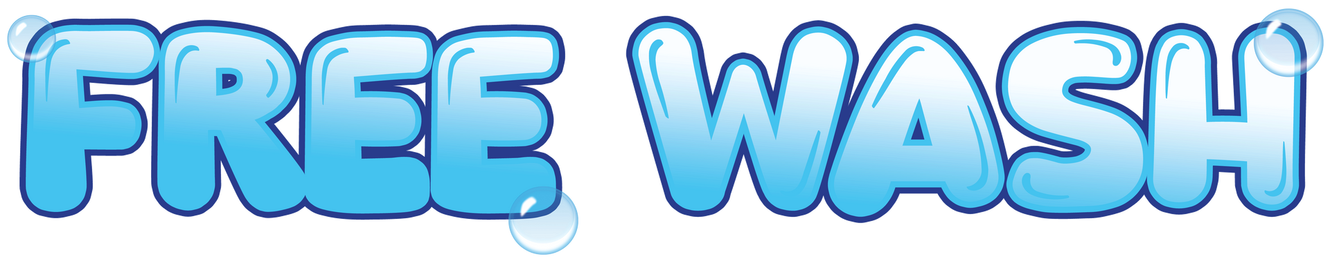 The word free wash is written in blue bubbles on a white background.